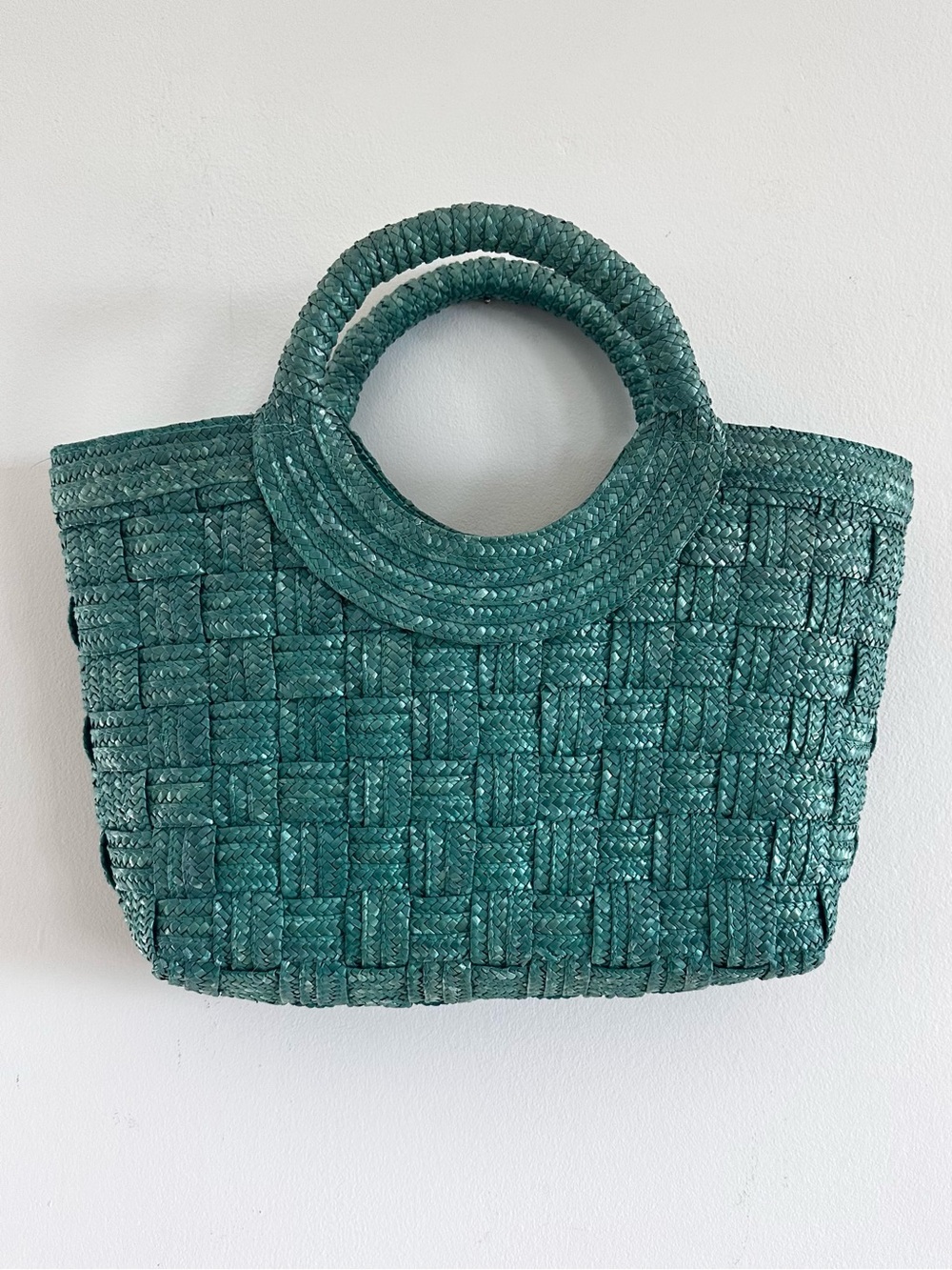 Teal green straw checkered weave basket bag summer beach bag
